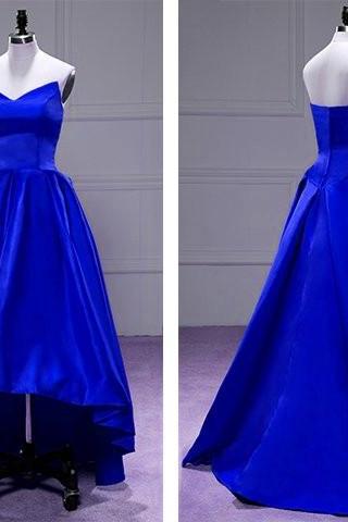 Sexy Royal Blue Satin High Low Party Dress, High Low Homecoming Dress, Royal Blue Dress 2018