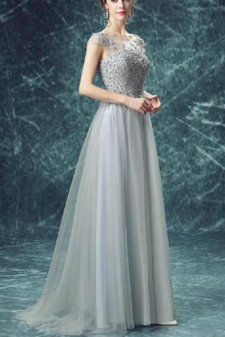 Grey Tull Scoop Floor-length Appliques Beading Long Prom Dresses 2018, Grey Party Dresses