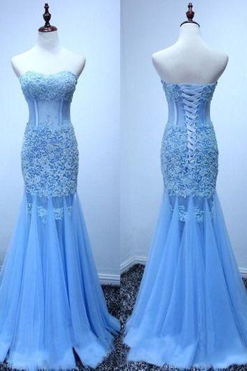 Blue Mermaid Long Applique Tulle Formal Gowns, Blue Party Dresses, Elegant Prom Dress 2018