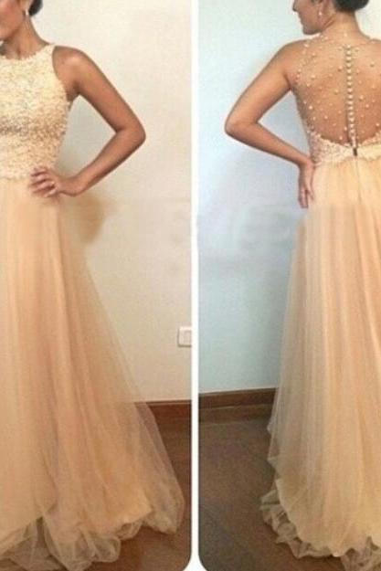 Champagne Beaded Long Party Dress, Cute A-line Formal Dress, Junior Prom Dress 2018