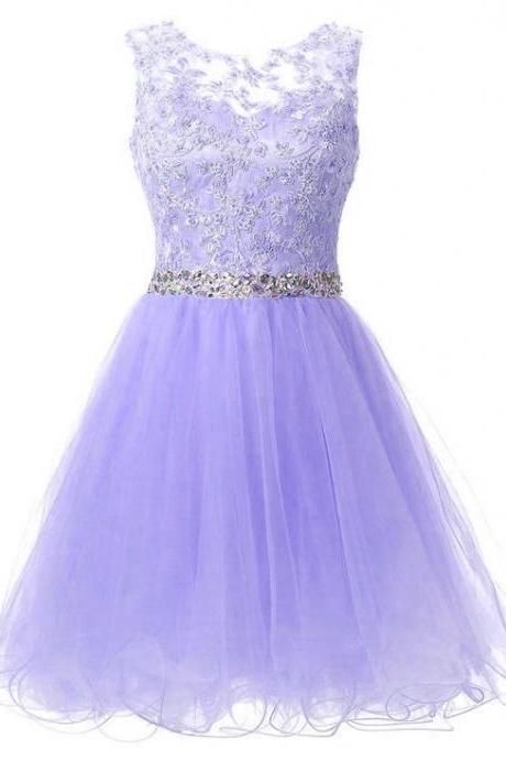 Cute Homecoming Dresses, Lavender Short Party Dress, Lace And Beaded Prom Dress