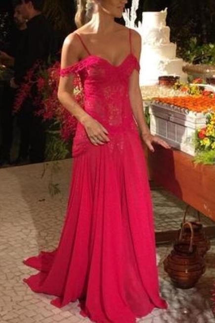Beautiful Red Straps Off Shoulder Long Chiffon Prom Dress, Prom Dress 2018, Red Wedding Party Dresses