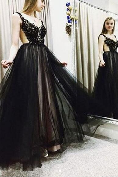 Black Tulle And Applique Pretty Long Formal Dress, Black Party Dress, A-line Prom Dress