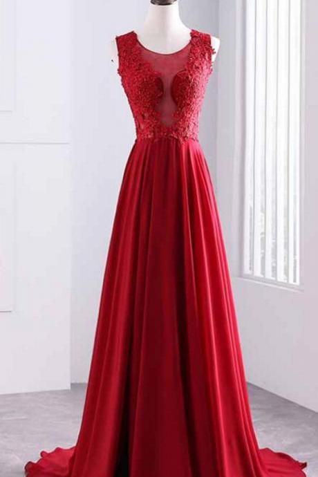 Red A-line Long Sleeveless Prom Dresses, Red Formal Dress, Long Party Gowns 2018