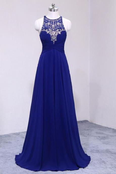 Royal Blue Beaded Halter Neckline Long Prom Dress, Royal Blue Formal Dresses, Evening Gowns 2018