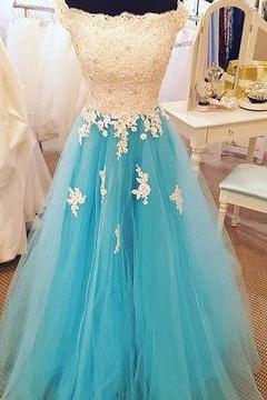 Charming Tulle Blue Off Shoulder Applique Floor Length Party Dress, Cute Teen Formal Dress 2018