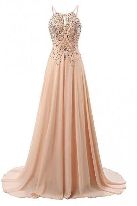 Light Pearl Pink Beaded Chiffon Junior Prom Dresses, Straps Backless Gowns, Evening Dresses