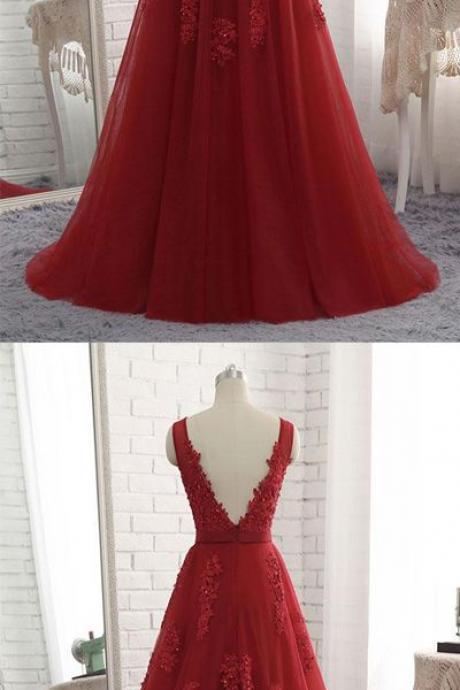 Dark Red Prom Dress 2018, Formal Gowns, Wine Red Tull V-neckline Evening Gowns