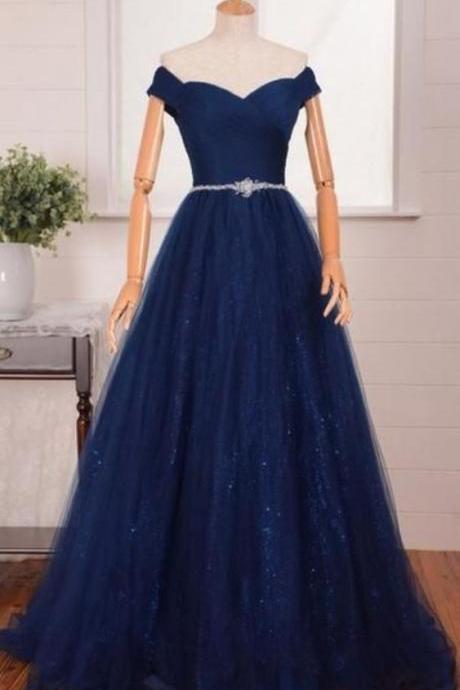 Navy Blue Prom Gowns, Tulle Formal Dresses, Lovely Off Shoulder Prom Dresses