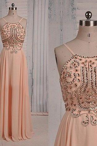 Light Pink Beaded Backless Prom Dress 2018, Beaded Party Gowns, Handmade Formal Dresses