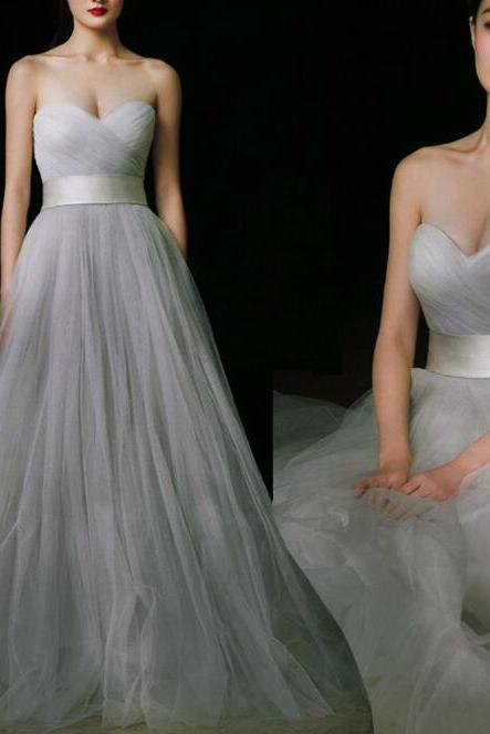 Tulle Sweetheart Long Party Gowns, Formal Gowns, Sliver-grey Evening Dresses