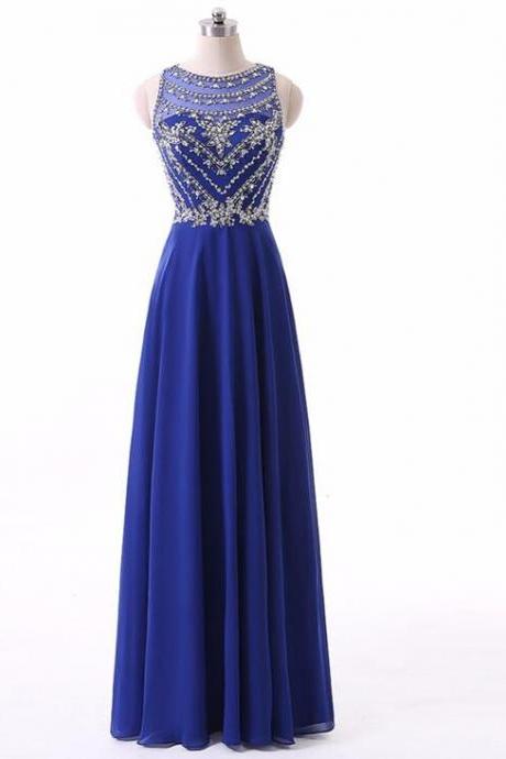 Blue Round Neckline Beadings Long Prom Gowns 2018, Blue Chiffon Teen Formal Dress, Blue Gowns
