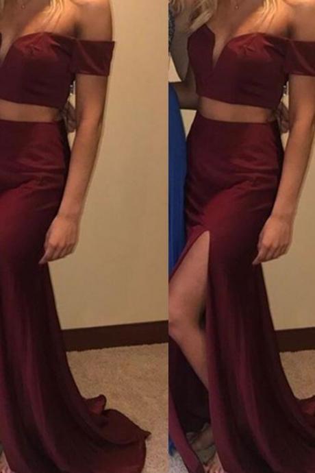 Burgundy Two Piece Slit Off Shoulder Party Gowns, Satin Prom Dress 2018