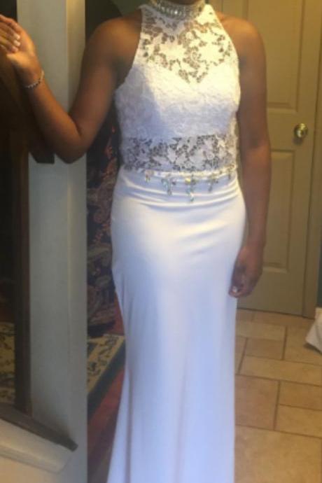 White Spandex Sheath/Column Prom Dress with Lace, Halter Party Dress, Formal Gowns