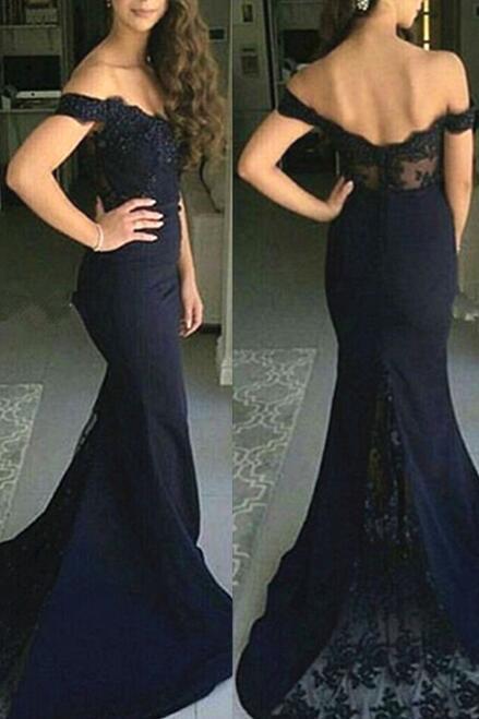 Navy Blue Off Shoulder Bridesmaid Dresses, Party Gowns, Charming Party Dress, Evening Gowns