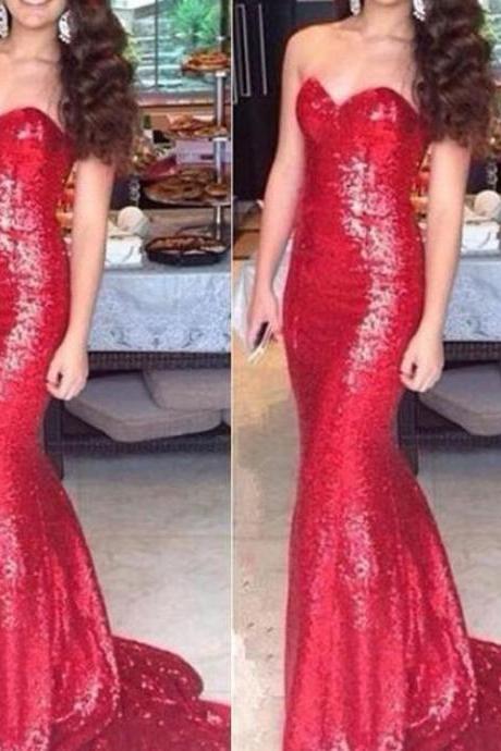 Red Sequins Mermaid Long Evening Dress, Red Sequins Bridesmaid Dresses, Formal Dresses