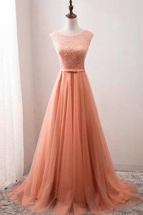 Beautiful Tulle Gown, V Back Lace-up Beaded Long Formal Dress, Tulle Party Dresses
