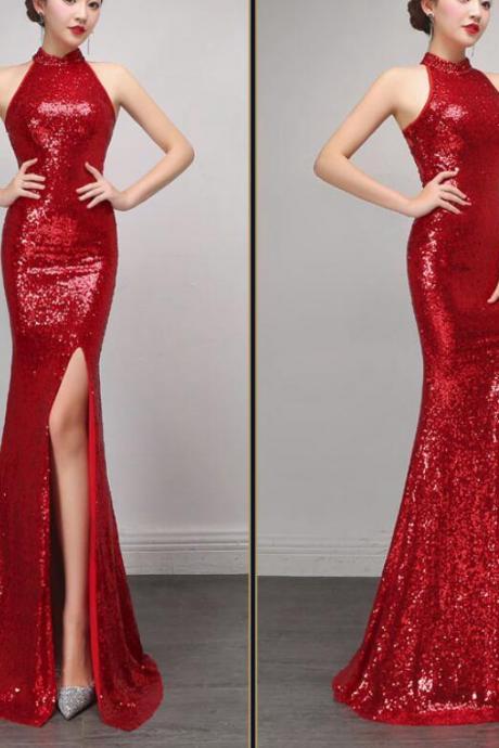 Sexy Red Halter Slit Sequins Prom Dress 2018, Red Formal Gowns, Sequins Party Dress 2018