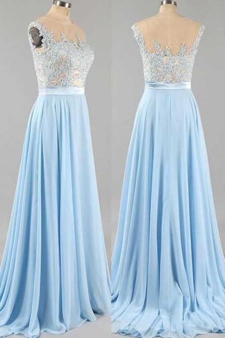 Light Blue Chiffon Lace Applique Long Party Dress, Blue Chiffon Prom Dress, Party Gowns