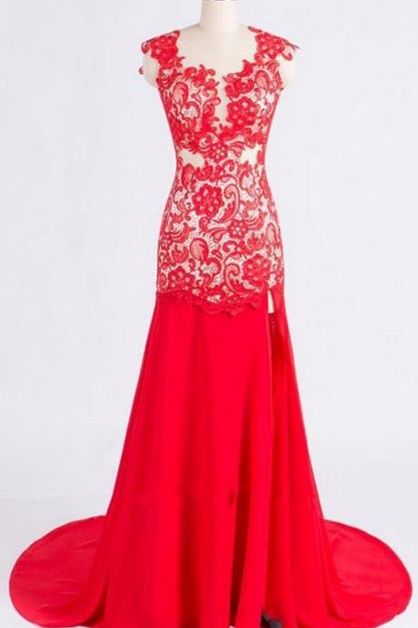 Red Lace And Chiffon Mermaid Slit Elegant Formal Dress, Red Formal Gowns, Party Dress 2018