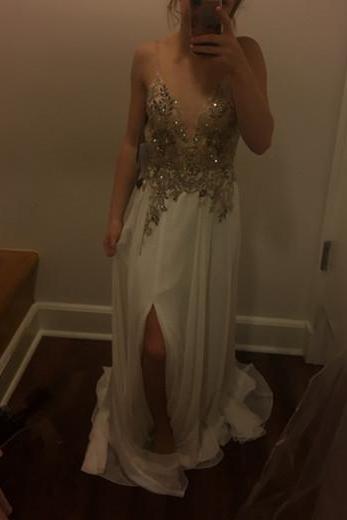 Ivory Slit Chiffon V-neckline Straps Lace Applique, Charming Prom Dress, Sexy Party Dresses 2018