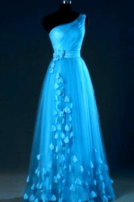 Blue One Shoulder Tulle Party Dress With Floral Detail, Elegant Evening Dress, Wedding Party Dresses
