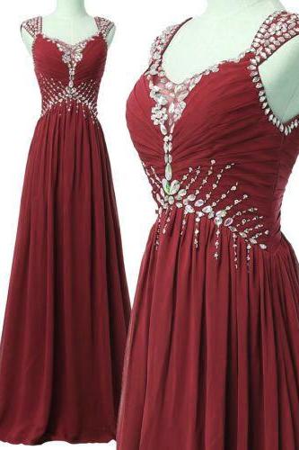 Wine Red Beaded Chiffon Junior Prom Dress, Simple Party Dress, Formal Dress 2018
