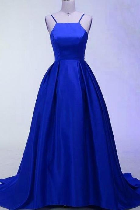 Royal Blue Halter Long Satin Party Dresses, Blue Party Gowns, Formal Dresses