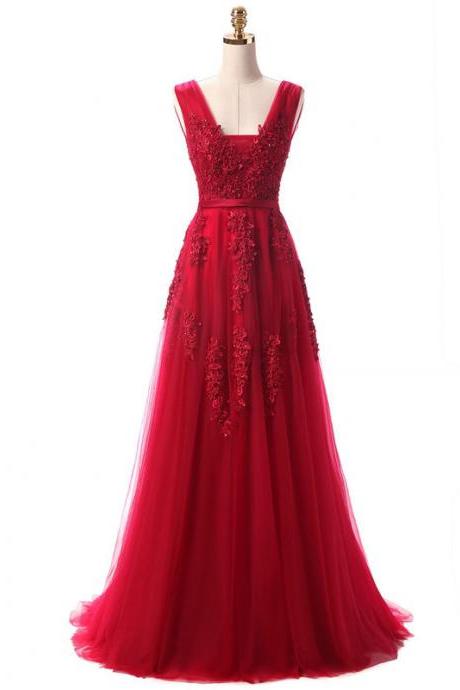 Red Long Party Gown 2018, Red Charming Tulle Party Dress, Formal Dresses
