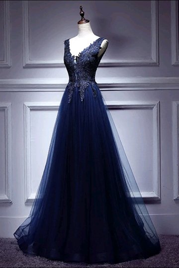 Navy Blue Prom Dresses, V-neckline Long Party Dresses, Formal Dress 2018