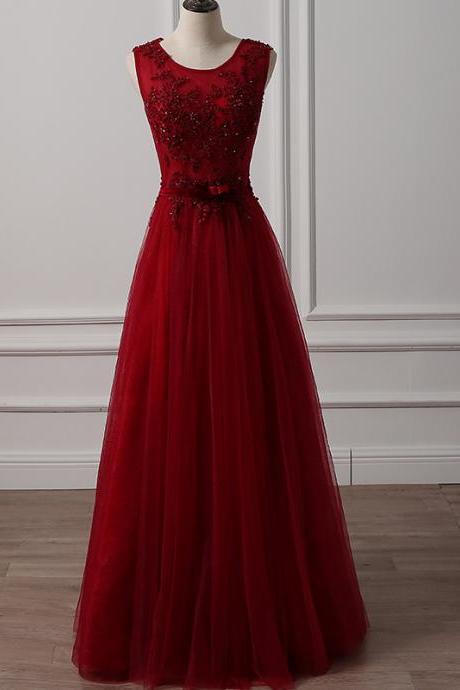Dark Red Elegant Tulle Beaded Long Junior Prom Dress, Burgundy Formal Gowns, Lovely A-line Party Dresses