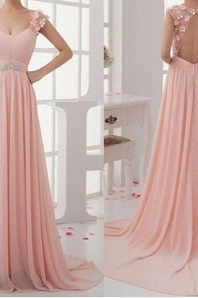 Pink Chiffon Long Prom Dress 2018, Prom Party Dresses, Pink Long Dresses, Formal Gowns