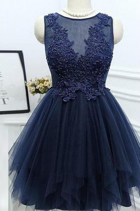 Tulle Lovelyl Navy Blue Homecoming Dress With Appliques Beadings, Adorable Prom Dress, Prom Dress 2k18