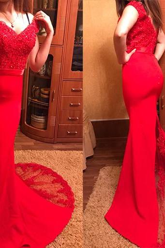 Beautiful Red Off Shoulder Spandex With Lace Applique Prom Dress 2018, Red Formal Gowns, Party Dresses