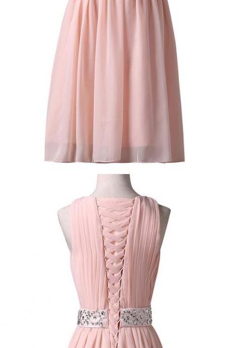Pink Sleeveless Pleated Beaded Chiffon Short A-line Formal Dress, Bridesmaid Dress, Party Dress