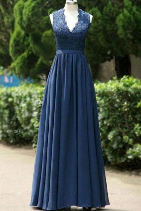 Blue Lace And Chiffon Long A-line Party Dress, Bridesmaid Dresses, Formal Dress, Prom Dress 2018