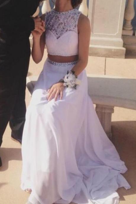 White Two Piece Chiffon And Lace Party Dress, Two Piece Formal Gowns, Junior Prom Dresses