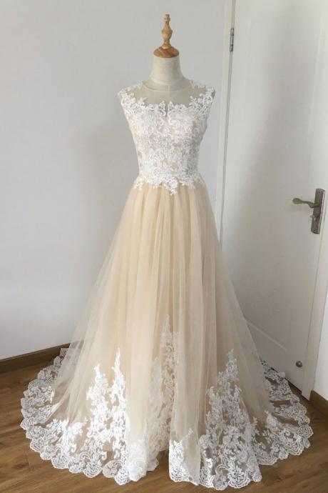 Champagne Tulle And Lace Long Formal Dress, A-line Party Dresses, Prom Dress 2018