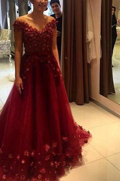 Lovely Wine Red Tulle Floor Length Party Dress, A-line Formal Dress, Evening Gowns