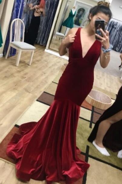 Sexy Velvet Mermaid Charming Formal Gowns, Prom Dress 2018, Burgundy Formal Gowns