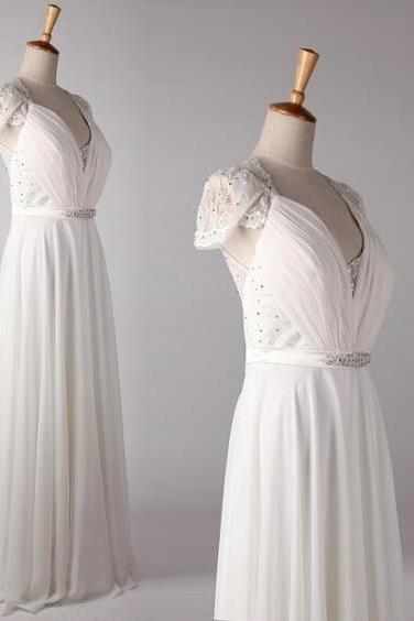White Simple Chiffon Long Bridal Gowns, Pretty Formal Dress, Simple Junior Prom Dresses