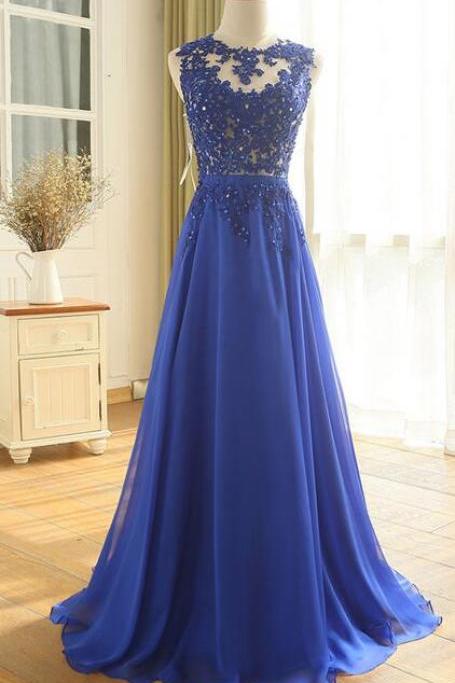 Royal Blue Chiffon Applique Charming Party Dresses, Floor Length Formal Dress, Prom Dress for Sale