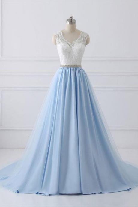 Blue Long Satin And Lace Elegant Prom Dress, Charming Gowns, Prom Dress 2018, Formal Dress
