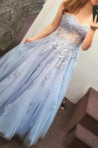 Light Blue Tulle Sweetheart Prom Dress, Junior Prom Dress, Prom Gowns 2k18
