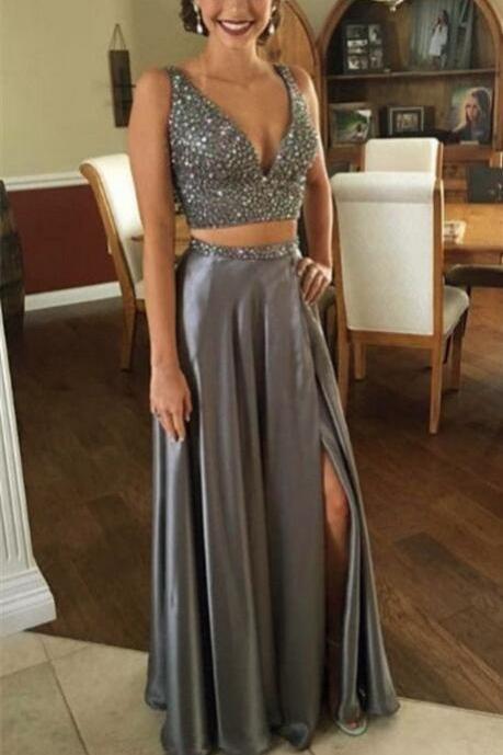 Grey Two Piece Slit Long Prom Dress 2018, Grey Party Dress, Sexy Party Dresses