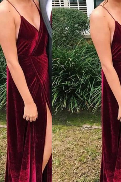Burgundy Slit Velvet Long Prom Dress 2018, Sexy Formal Dress,cross Back Junior Formal Dress