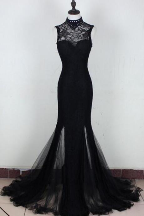 Sexy Style Black Tulle Mermaid And Lace Long Evening Dresses, Black Formal Dress, Party Gowns