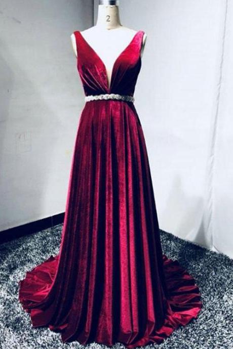 Wine Velvet V-neckline Prom Dress 2018, Prom Dress 2018, Long Formal Dress
