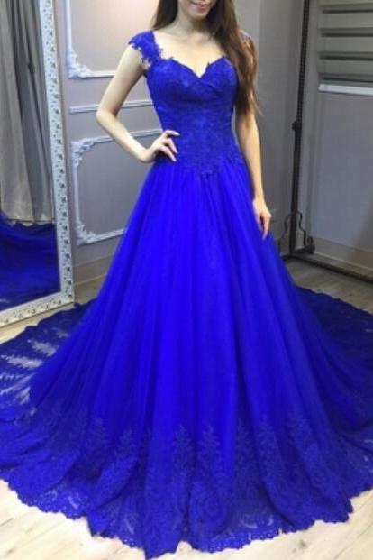 Royal Blue Appliques Tulle Backless Prom Dress, Elegant Prom Dress,cap Sleeves Prom Gowns