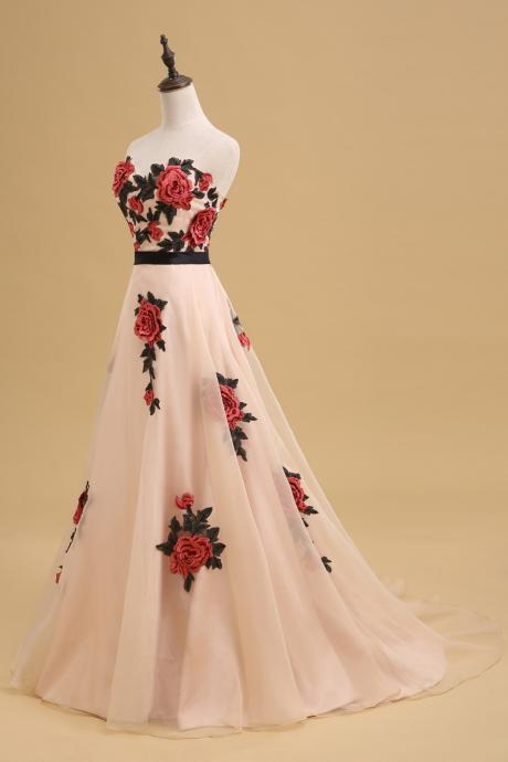 Charming Floral Long Embroidered A-Line Prom Dress Featuring Sweetheart Bodice and Chapel Train, Prom Dress 